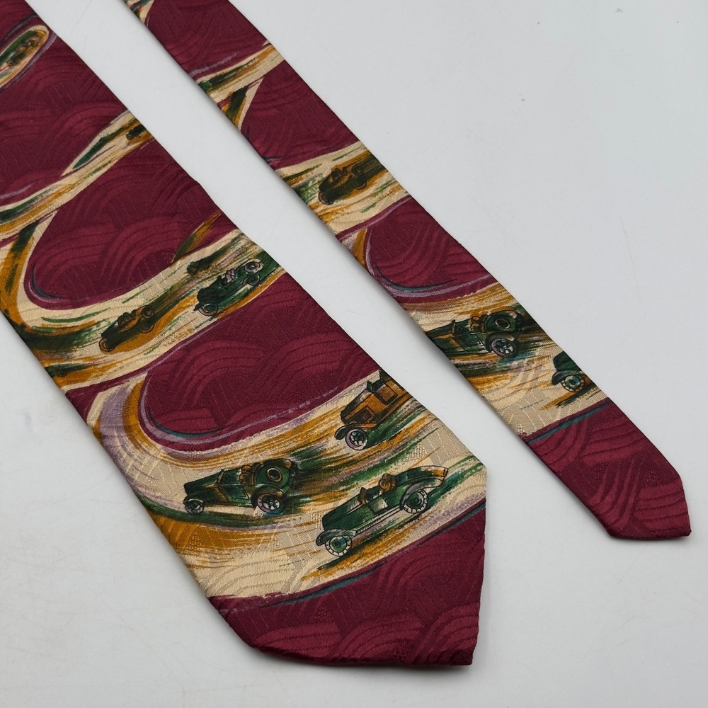 Chaps Ralph Lauren Mens Silk Tie Burgundy Vintage Race Car Automotive USA Made